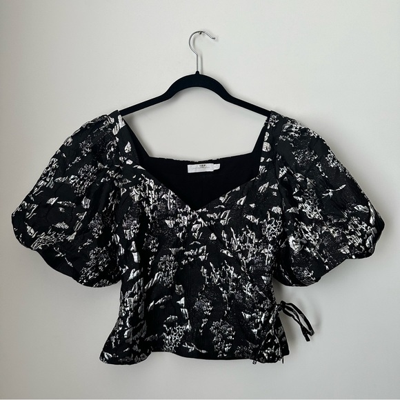 JONATHAN SIMKHAI Taylor Puff Balloon Sleeve Faux Wrap Black Metallic Top Size 4 - Picture 7 of 12